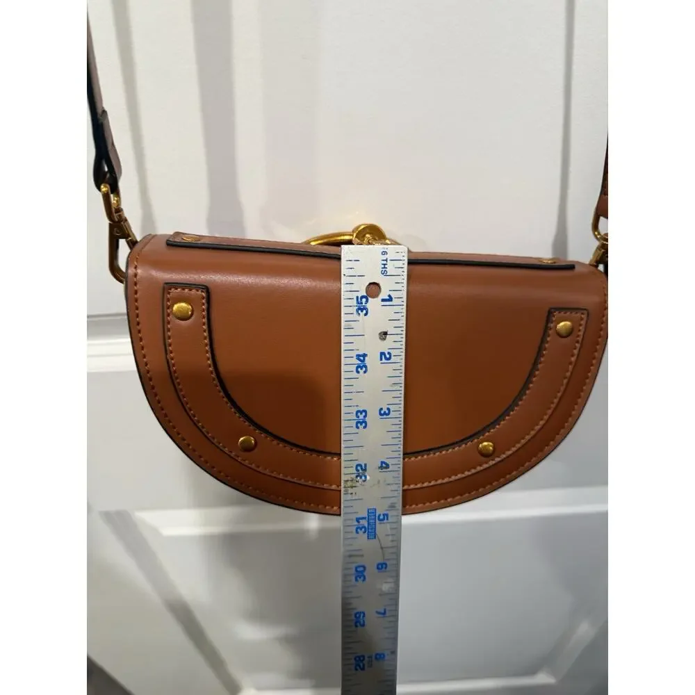 Brown Faux Leather Half Moon Crossbody Bag Gold Ring Handle Purse - Picture 7 of 8
